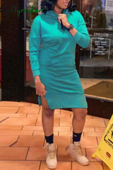 Cyflymder - Brown Casual Solid Patchwork Slit Hooded Collar Long Sleeve Dresses