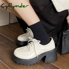 Cyflymder Brown Platform Loafers Women Oxford Shoes Flat on Platform Casual Shoes Lace Up Leather Shoes Sewing Round