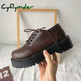 Cyflymder Brown Platform Loafers Women Oxford Shoes Flat on Platform Casual Shoes Lace Up Leather Shoes Sewing Round