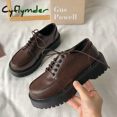 Cyflymder Brown Platform Loafers Women Oxford Shoes Flat on Platform Casual Shoes Lace Up Leather Shoes Sewing Round