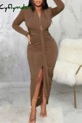 Cyflymder - Brown Sexy Solid Patchwork Asymmetrical V Neck One Step Skirt Dresses / S