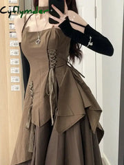Cyflymder Brown Suspender Dress Women Summer New French Sexy Wear Irregular Splicing Lacing High Waist A-line Camisole