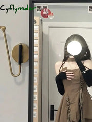 Cyflymder Brown Suspender Dress Women Summer New French Sexy Wear Irregular Splicing Lacing High Waist A-line Camisole