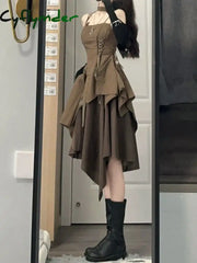 Cyflymder Brown Suspender Dress Women Summer New French Sexy Wear Irregular Splicing Lacing High Waist A-line Camisole