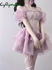 Cyflymder Bubble Sleeve Korea Designer Dress Women Patchwork Vintage Sweet Party Mini Female Purple