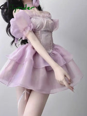 Cyflymder Bubble Sleeve Korea Designer Dress Women Patchwork Vintage Sweet Party Mini Female Purple