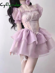 Cyflymder Bubble Sleeve Korea Designer Dress Women Patchwork Vintage Sweet Party Mini Female Purple