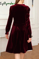 Cyflymder - Burgundy Casual Solid Patchwork V Neck Long Sleeve Dresses