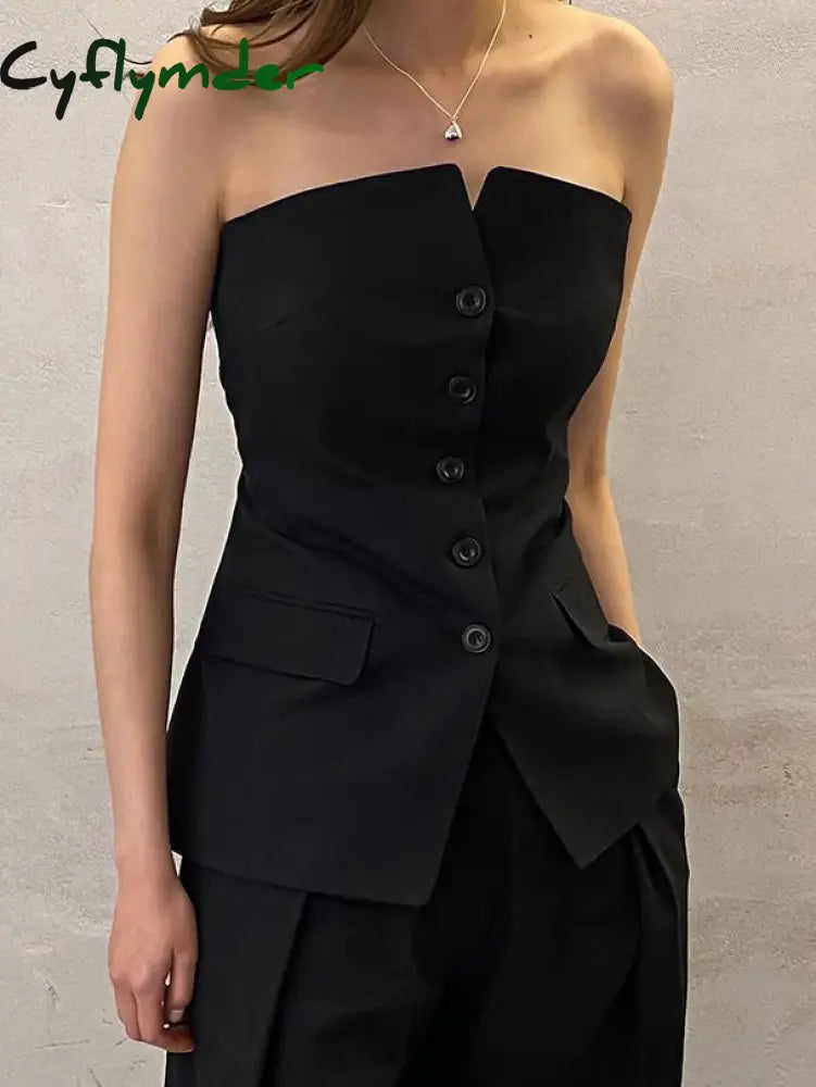 Cyflymder - Button Down Tube Top Black / Xs Tank Tops & Camis
