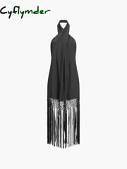 Cyflymder - Capri Fringed Open Back Halter Midi Dress Dresses