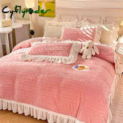 Cyflymder Carved Milk Velvet Bedding Set Girl Luxury Princess Ruffle Bow Bed Linen Thicken Warm Quilt Cover Sheet