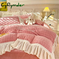 Cyflymder Carved Milk Velvet Bedding Set Girl Luxury Princess Ruffle Bow Bed Linen Thicken Warm Quilt Cover Sheet