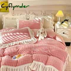 Cyflymder Carved Milk Velvet Bedding Set Girl Luxury Princess Ruffle Bow Bed Linen Thicken Warm Quilt Cover Sheet