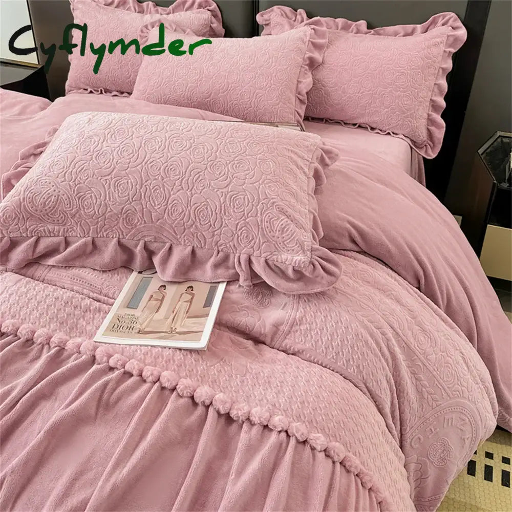 Cyflymder Carved Milk Velvet Bedding Set High Weight Thicken Warm Four Piece Set Quilt Cover Bed Linens Bedspread