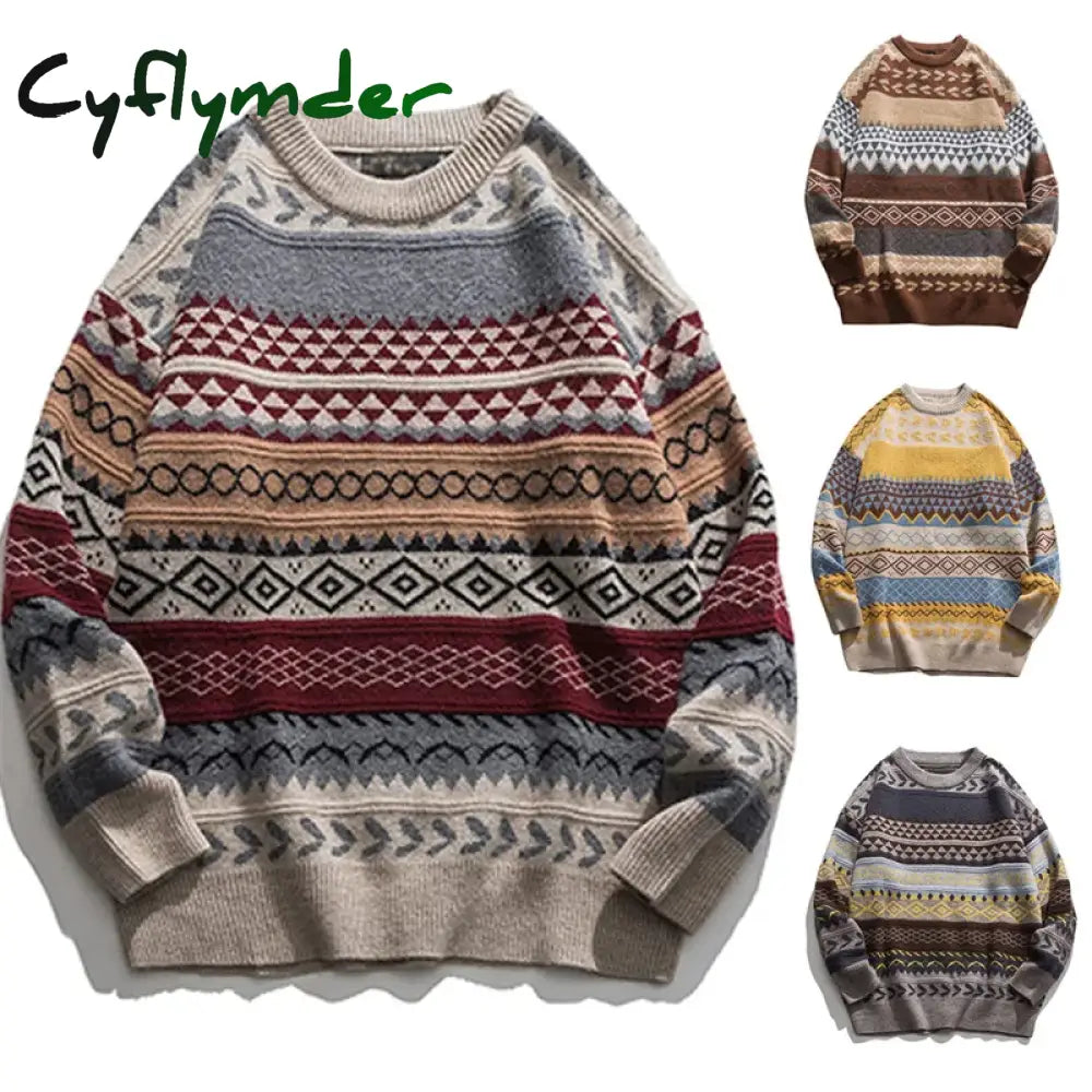 Cashmere Sweater For Men Oversized Striped Round Neck Fashion Pullovers Lazy Style Retro Casual Harajuku Kniited Sweater Unisex Cyflymder