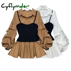 Cyflymder Casual And Elegant Waist Slimming Lantern Sleeve Splicing Fake Two-Piece Shirt Top Lapel