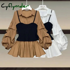 Cyflymder Casual and Elegant Waist Slimming Lantern Sleeve Splicing Fake Two-piece Shirt Top Lapel Matching Patchwork