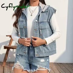 Casual Female Tops Women Denim Vest Jacket Summer 2024 New Autumn Clothes Sleeveless Short Jeans Single-Breasted Jackets S-XL