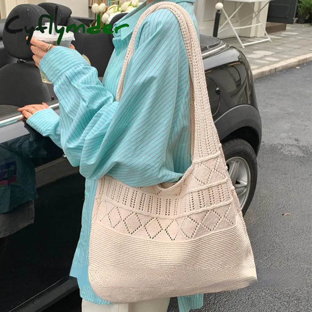 Cyflymder Casual Hollow Woven Women Shoulder Bags Designer Knitting Handbags Large Capacity Tote