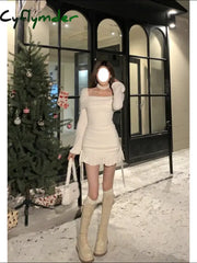 Cyflymder Casual Korean Long Sleeve Mini Dress Women Ruffles Design Sexy Bodycon Dress Female Autumn Warm Fashion