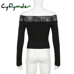 Cyflymder Casual Slash Neck Tshirts Chic Streetwear Slim Lace Clothes Vinatge Aesthetic Long Sleeves Fashion Solid Tops