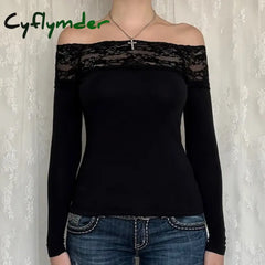 Cyflymder Casual Slash Neck Tshirts Chic Streetwear Slim Lace Clothes Vinatge Aesthetic Long Sleeves Fashion Solid Tops