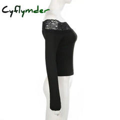 Cyflymder Casual Slash Neck Tshirts Chic Streetwear Slim Lace Clothes Vinatge Aesthetic Long Sleeves Fashion Solid Tops