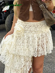 Cyflymder Casual Solid Lace Asymmetrical Skirt Basic Slim Mid-Waisted Mini Skirts Women Summer