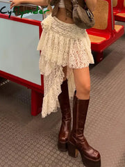 Cyflymder Casual Solid Lace Asymmetrical Skirt Basic Slim Mid-Waisted Mini Skirts Women Summer