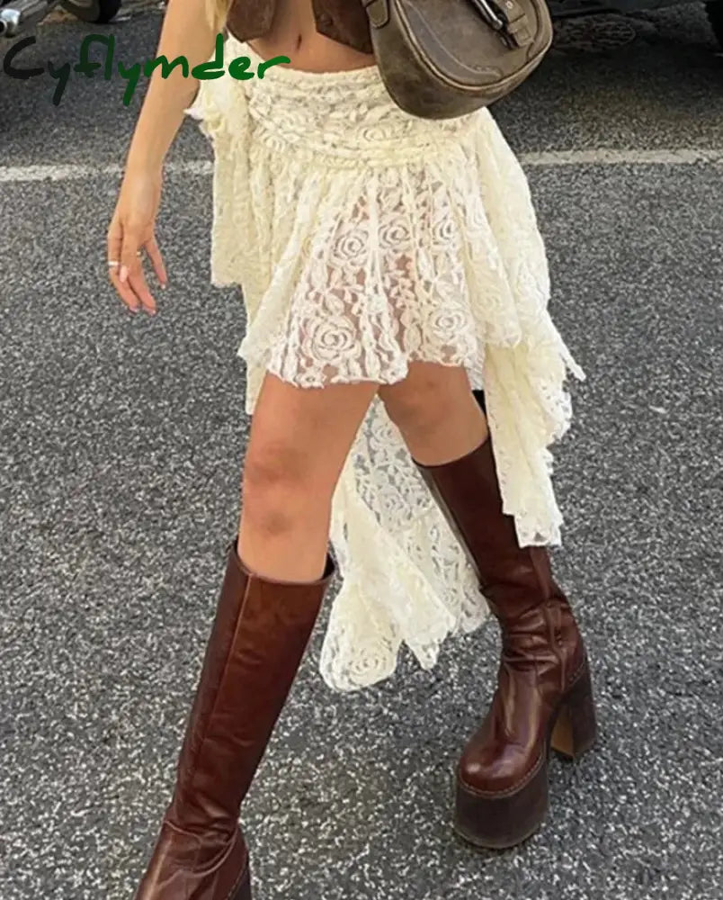 Casual Solid Lace Asymmetrical Skirt Basic Slim Mid-Waisted Mini Skirts Women Summer Fashion Streetwear Ladies