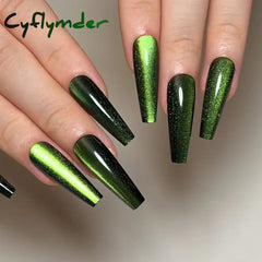 Cyflymder Cat Eye Long Ballet Fake Nail Glitter Powder Raspberry Purple Blue Wearable Full Cover Finished False Art