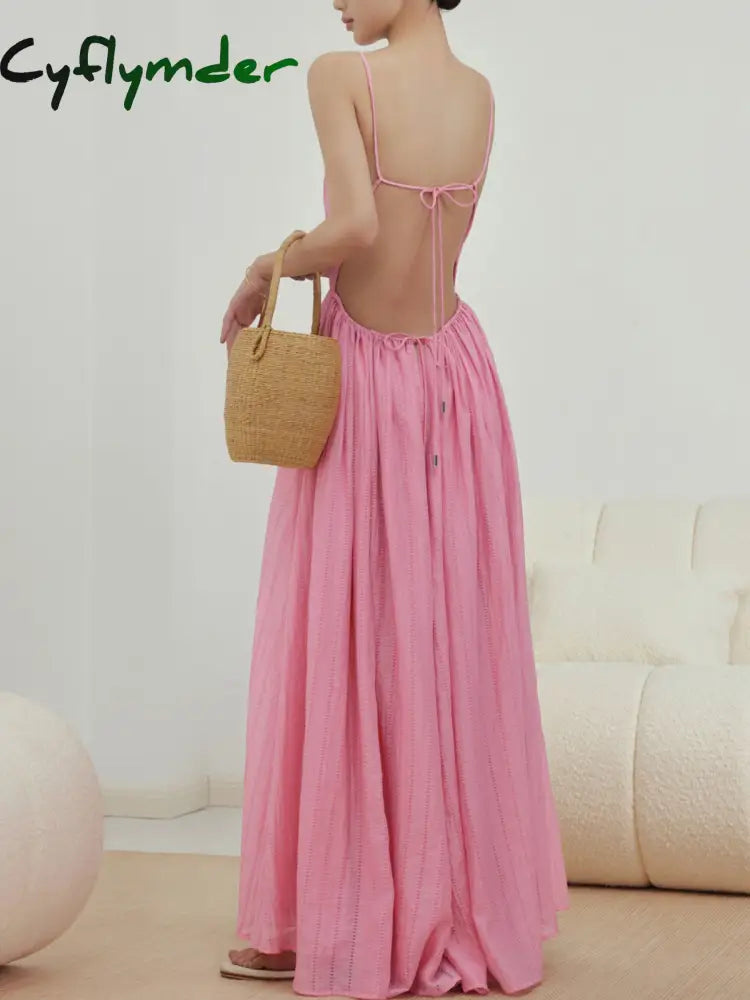 Cyflymder - Cherry Blossom Tied Open Back Long Dress Pink / Xs Dresses