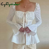 Chic Vintage Front Tie Up T-shirt Fairycore Folds Off Shoulder Flared Sleeve Tees Y2K Aesthetic Retro Women Blouse Shirt Tops