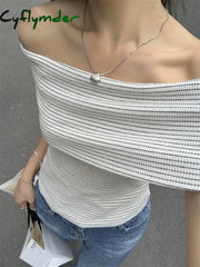 Cyflymder Chic Women Sexy Off Shoulder T-Shirt Summer Knitting Stripe Slim Crop Top Y2K Vintage
