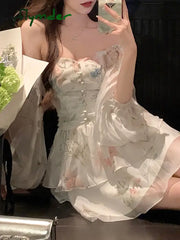 Cyflymder Chiffon Dress For Women Long Sleeve Party French Style Fairycore Floral Ruffles Square