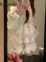 Cyflymder Chiffon Dress For Women Long Sleeve Party French Style Fairycore Floral Ruffles Square