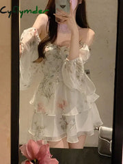 Chiffon Dress for Women Long Sleeve Party French Style Dress Fairycore Floral Ruffles Square Collar New Spring Summer Dress