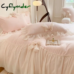 Cyflymder Chiffon Lace Bedding Set Pink France Romantic Princess Wedding Ruffles Bow Soft Duvet Cover Bed Sheet