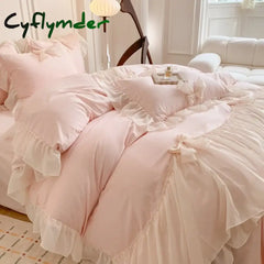 Cyflymder Chiffon Lace Bedding Set Pink France Romantic Princess Wedding Ruffles Bow Soft Duvet Cover Bed Sheet