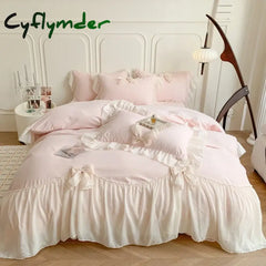 Cyflymder Chiffon Lace Bedding Set Pink France Romantic Princess Wedding Ruffles Bow Soft Duvet Cover Bed Sheet