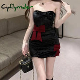 Cyflymder CHRISTMAS DRESS TO IMPRESS Black Velvet Bowtie Mini Dress Women Sexy Bodycon Patchwork Vintage Strapless