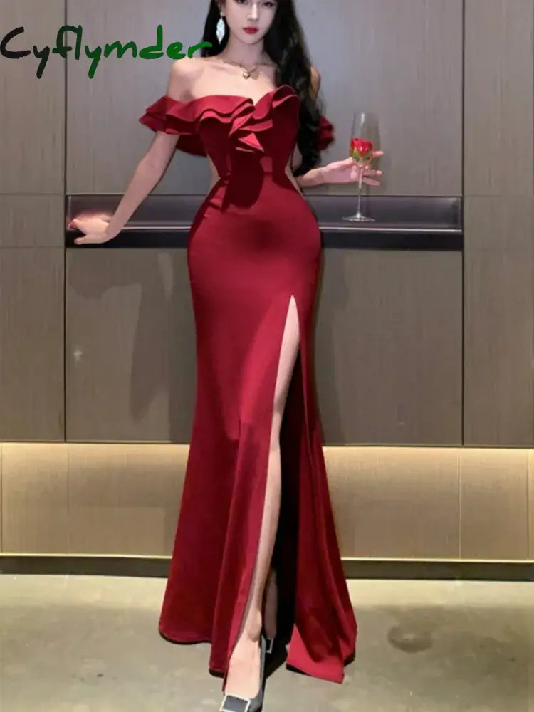 Cyflymder Christmas DRESS TO IMPRESS Sexy Bodycon Long Dresses for Women Wedding Evening Party Prom Robe Ruffles Slash
