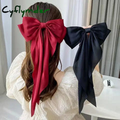 Cyflymder Christmas Elegant Red Streamer Large Bow Ribbon Hair Clip For Women Fashion Simple Solid Satin Ponytail Bow