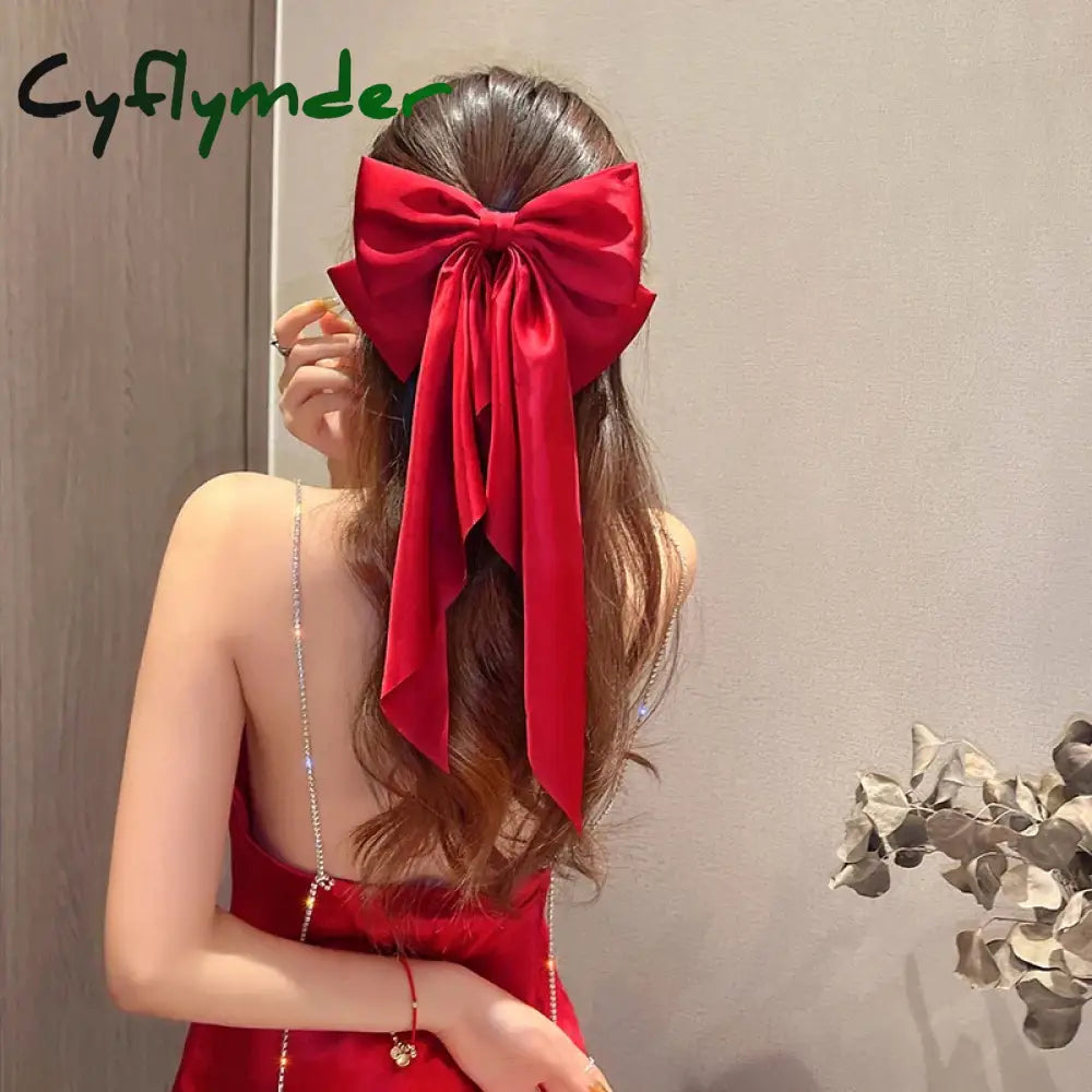Cyflymder Christmas Elegant Red Streamer Large Bow Ribbon Hair Clip For Women Fashion Simple Solid Satin Ponytail Bow