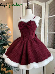 Cyflymder Christmas New Year 3 Piece Set Sweet Lolita Style Dress Sets Womens Elegant Chic Bow Plush Shawl Short
