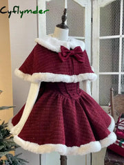 Cyflymder Christmas New Year 3 Piece Set Sweet Lolita Style Dress Sets Womens Elegant Chic Bow Plush Shawl Short