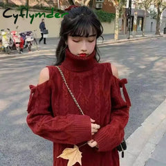 Cyflymder Christmas Off Shoulder Turtleneck Sweater Women Fashion Twist Long Sleeve Jumper Wine Red New Year Loose