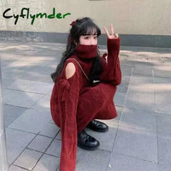 Cyflymder Christmas Off Shoulder Turtleneck Sweater Women Fashion Twist Long Sleeve Jumper Wine Red New Year Loose