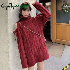 Cyflymder Christmas Off Shoulder Turtleneck Sweater Women Fashion Twist Long Sleeve Jumper Wine Red New Year Loose