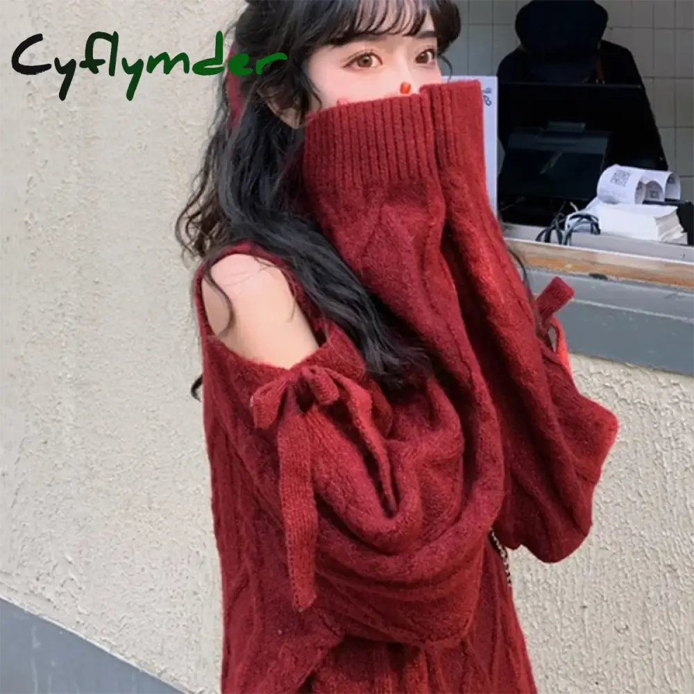 Cyflymder Christmas Off Shoulder Turtleneck Sweater Women Fashion Twist Long Sleeve Jumper Wine Red New Year Loose